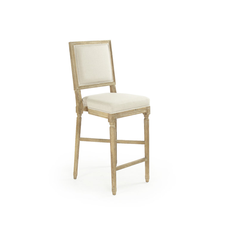 Gray Oak Bar Stool with Natural Linen Upholstery