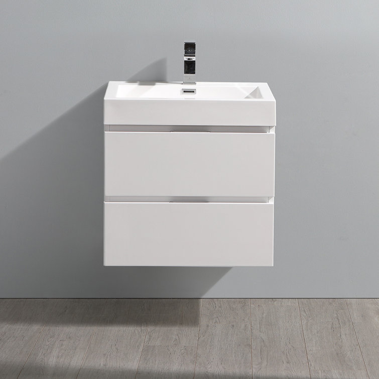 Glossy White 24" Wall-Mount Bathroom Vanity with Acrylic Sink