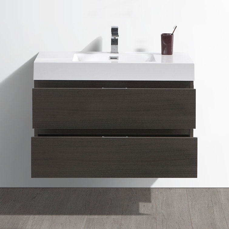 Gray Oak 36" Wall-Mount Modern Bathroom Vanity with Acrylic Top