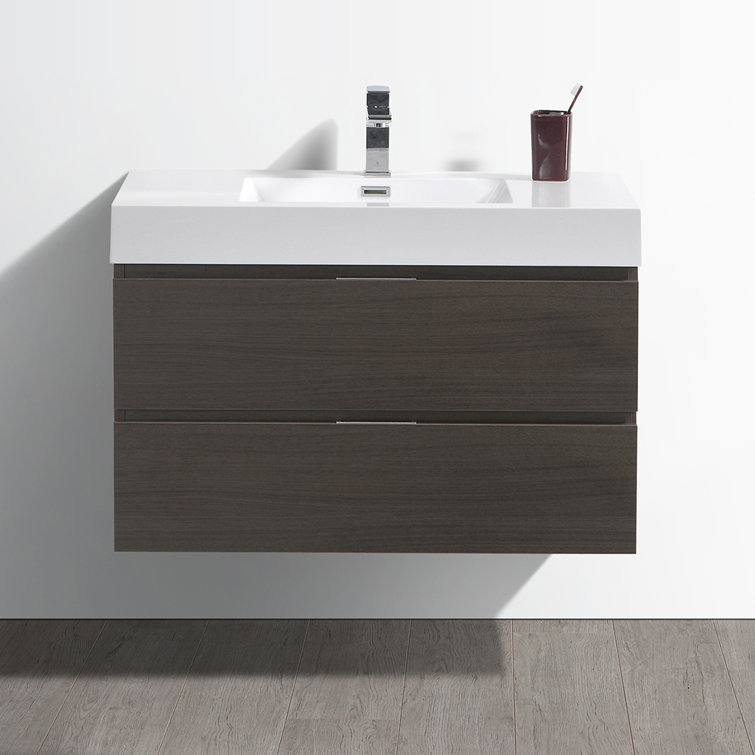 Gray Oak 36" Wall-Mount Modern Bathroom Vanity with Acrylic Top