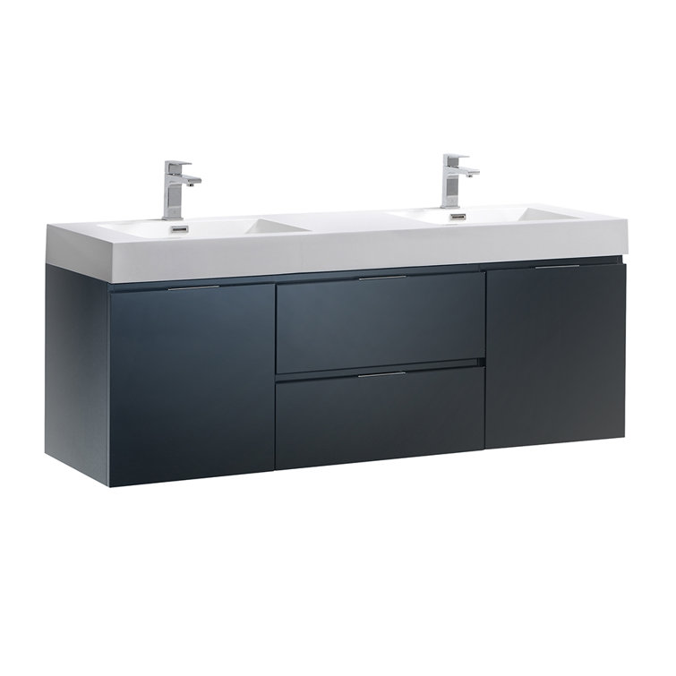 Glossy Gray 60" Wall-Mount Double Sink Modern Vanity