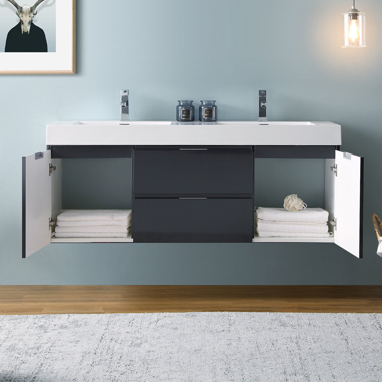 Glossy Gray 60" Wall-Mount Double Sink Modern Vanity