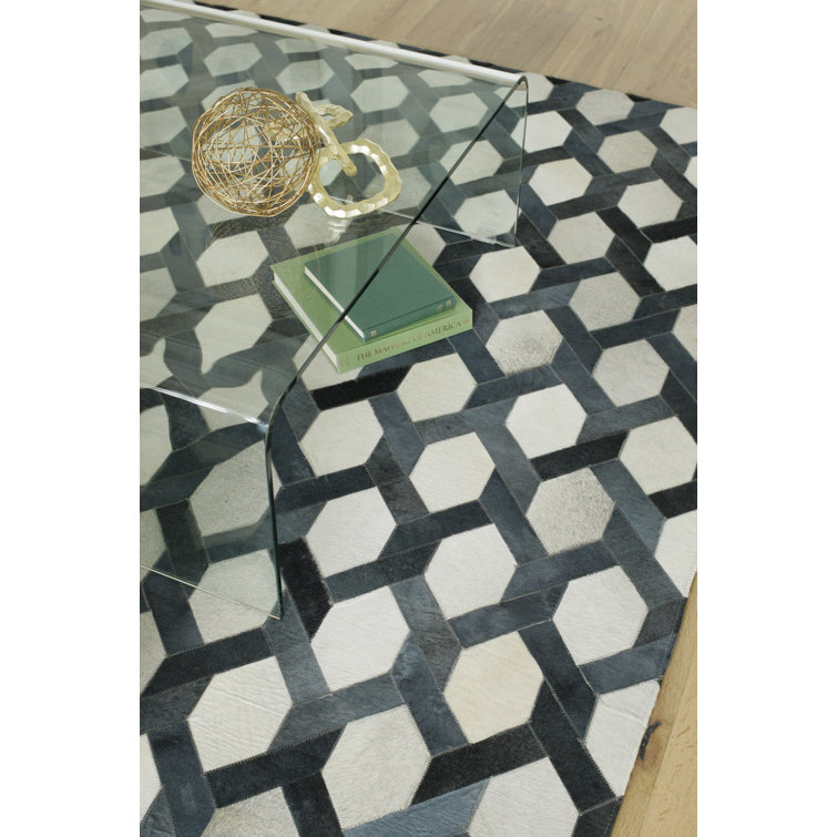 Handmade Blue and White Geometric Cowhide Rectangular Rug