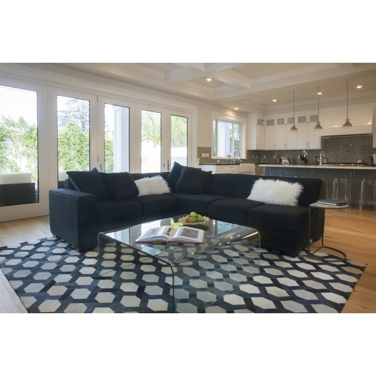 Handmade Blue and White Geometric Cowhide Rectangular Rug