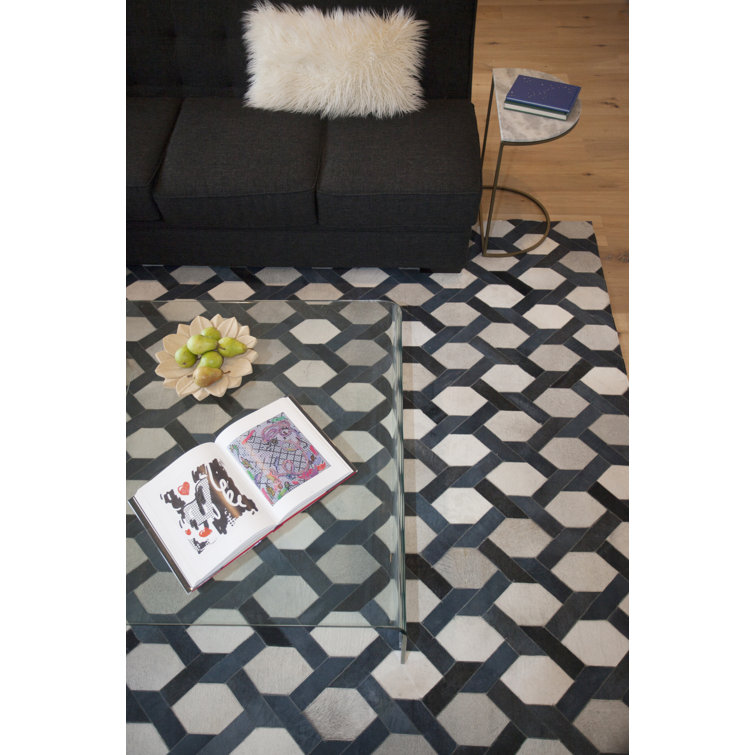 Handmade Blue and White Geometric Cowhide Rectangular Rug