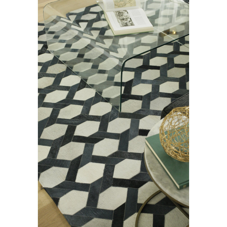 Handmade Blue and White Geometric Cowhide Rectangular Rug