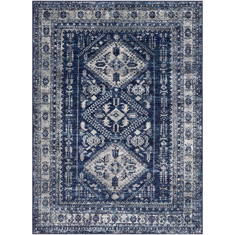 Navy and Ivory Rectangular Oriental Machine-Woven Rug