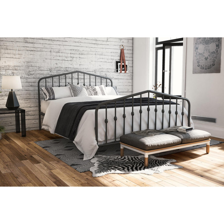 Gray Queen Metal Platform Bed with Headboard and Slats