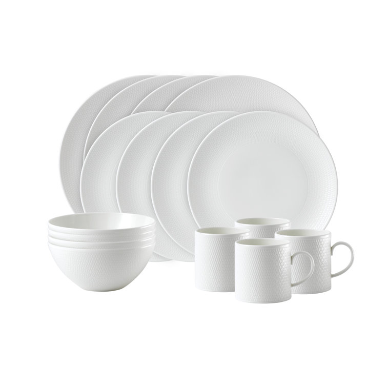 Elegant Geometric Embossed 16-Piece Porcelain Dinnerware Set, White