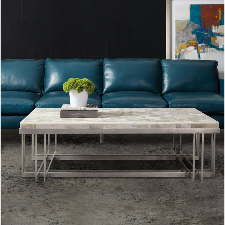 Rectangular Silver and White Wood Coffee Table with Onyx Top