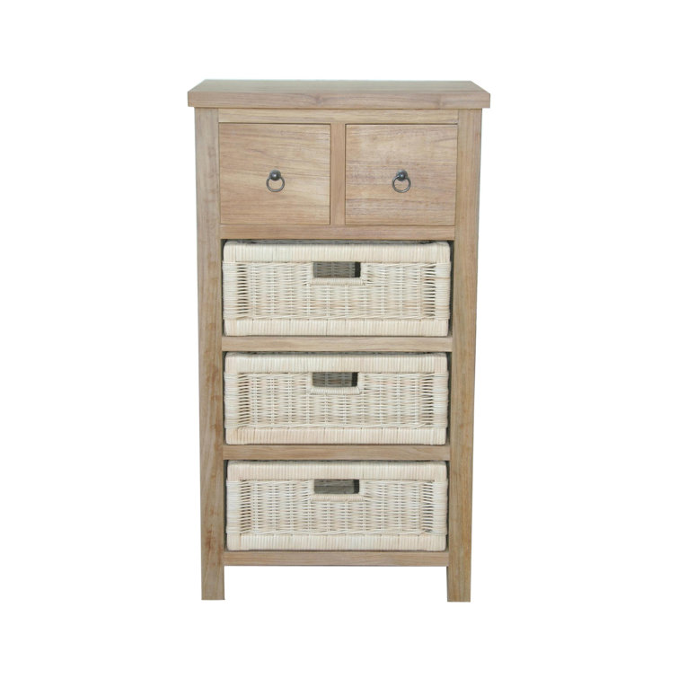 Teak and Rattan 3-Basket Storage Chest