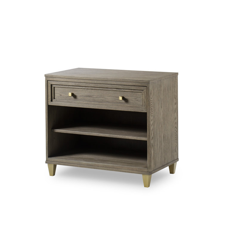 Pebble Gray Oak 1-Drawer Nightstand with Brass Accents