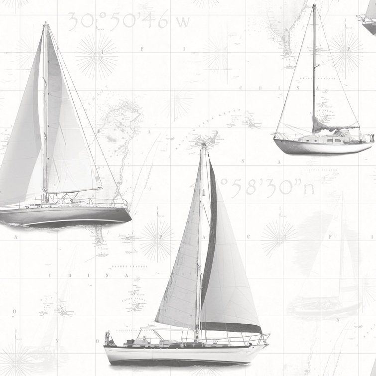 Gray Nautical Yachts Smooth Non-Woven Wallpaper Roll