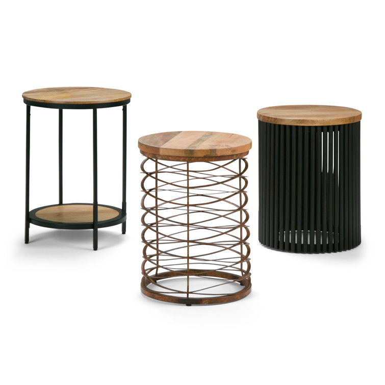 Natural Wood and Black Metal Round Accent Table