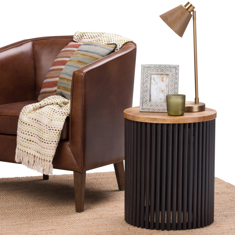 Natural Wood and Black Metal Round Accent Table