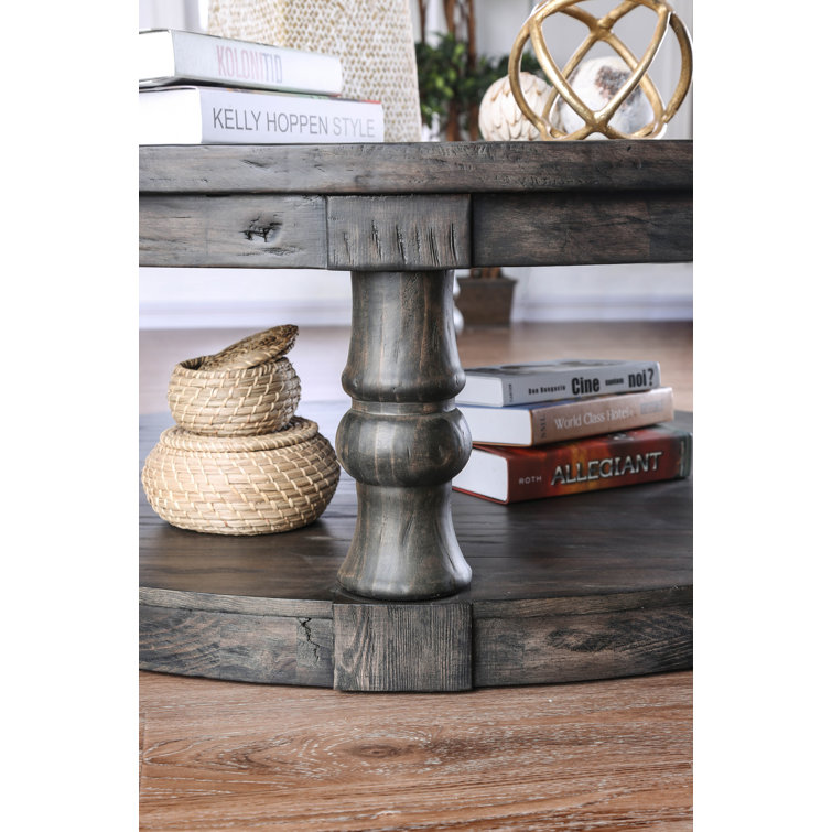Antique Gray Rustic Round Wood and Fabric Coffee Table
