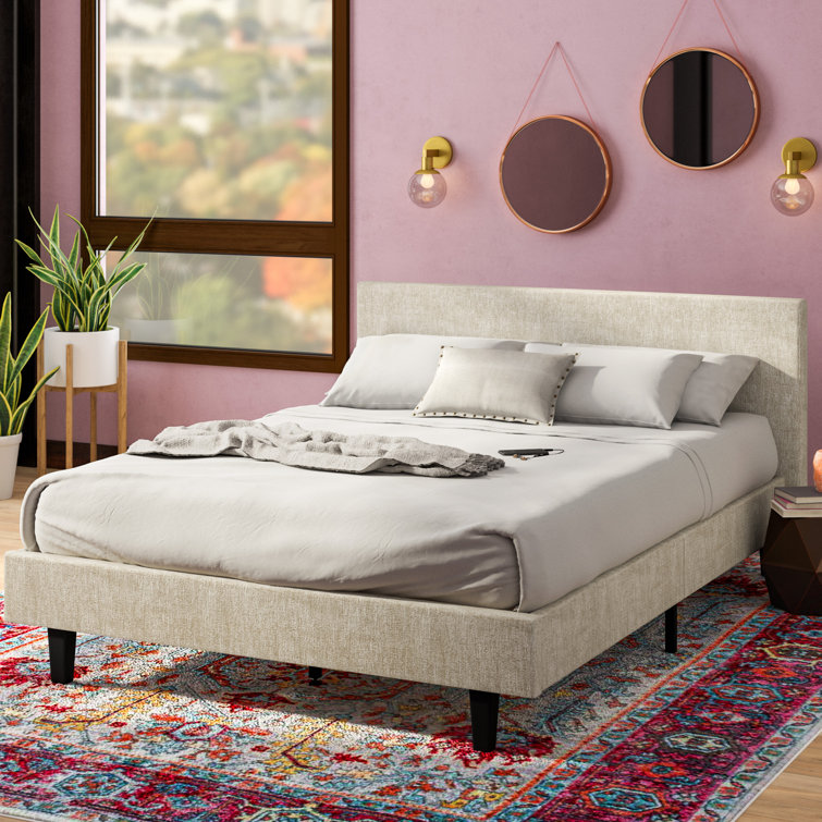 Anya Modern Queen Platform Bed with Upholstered Headboard in Beige
