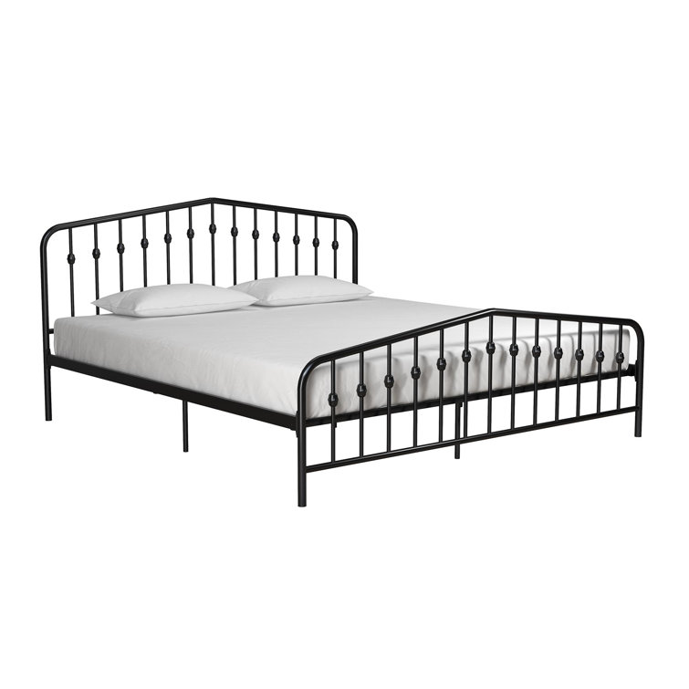 King-Sized Black Pine and Metal Upholstered Bed with Storage Drawer