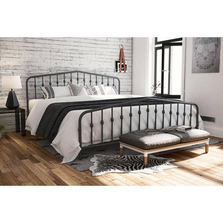 King-Size Gunmetal Gray Metal Bed with Upholstered Headboard and Storage Drawer