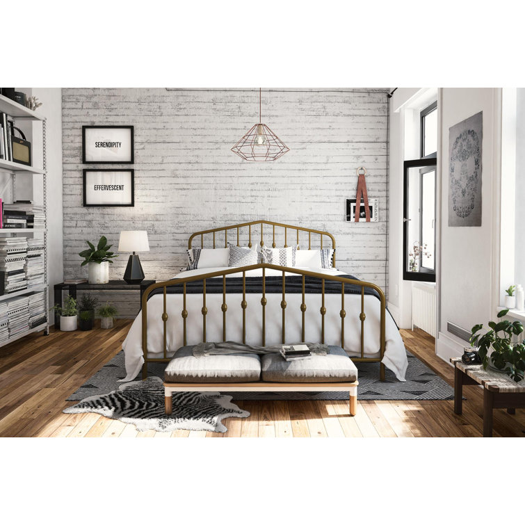 Bushwick Queen Gold Metal Platform Bed with Round Finials and Storage Drawer