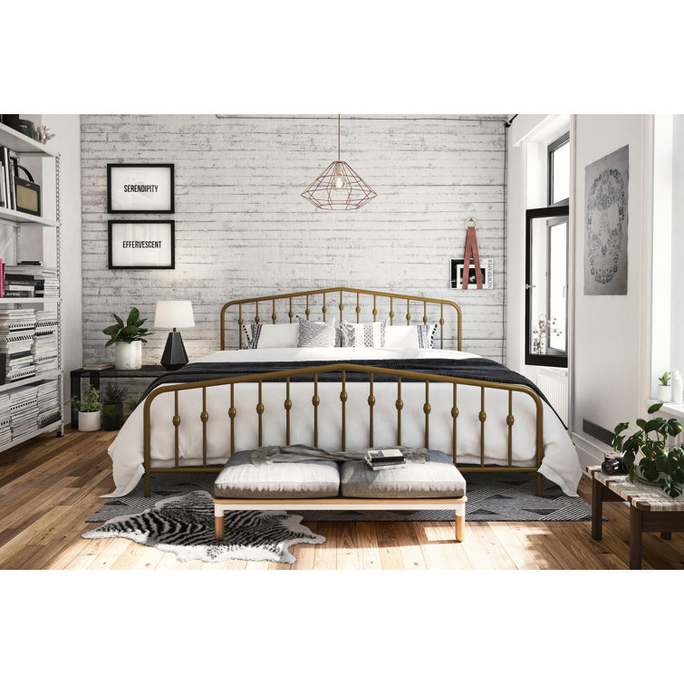 Bushwick Queen Gold Metal Platform Bed with Round Finials and Storage Drawer