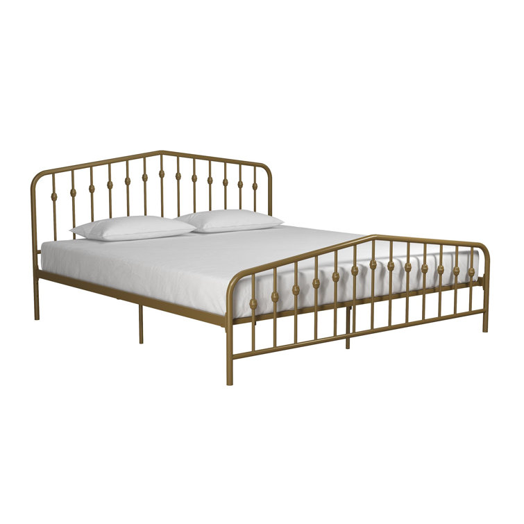 Bushwick Queen Gold Metal Platform Bed with Round Finials and Storage Drawer