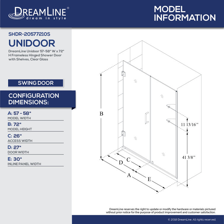 Black Frameless Hinged Shower Door with Clear Glass, 61" x 72"