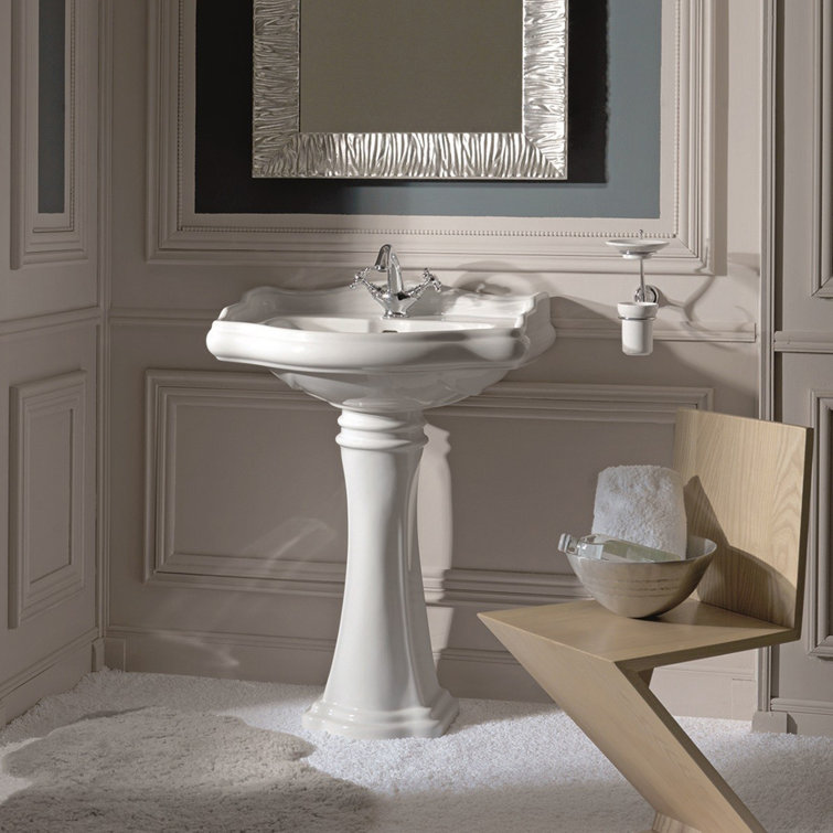 Glossy White Ceramic Rectangular Pedestal Sink with Single Faucet Hole