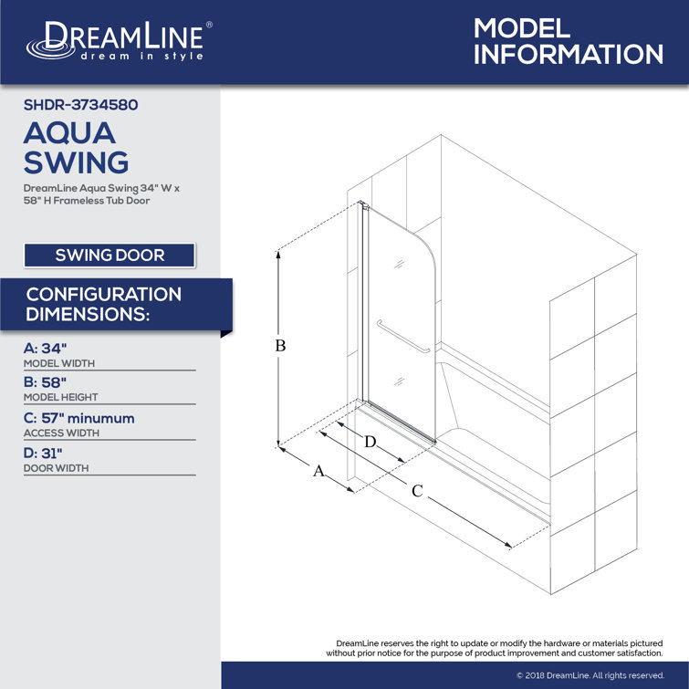 34" W x 58" H Frameless Clear Glass Tub Door with Chrome Hardware