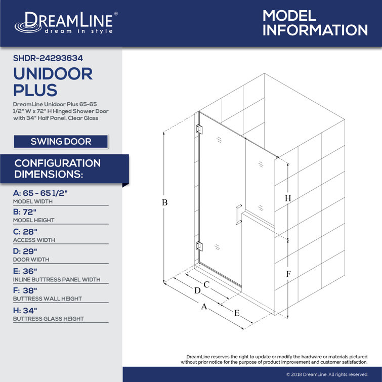 Unidoor Plus 66" Frameless Clear Glass Shower Door with Black Hardware