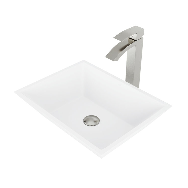 Elegant Matte White Stone Rectangular Vessel Bathroom Sink Set