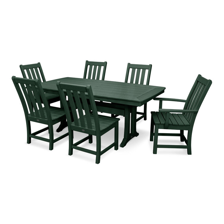 Green 7-Piece HDPE Trestle Dining Set with Arm and Side Chairs