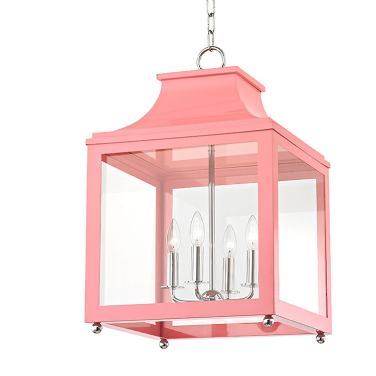 Contemporary Polished Nickel & Pink Glass 4-Light Square Pendant