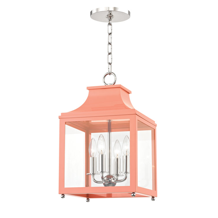 Contemporary Polished Nickel & Pink Glass 4-Light Square Pendant
