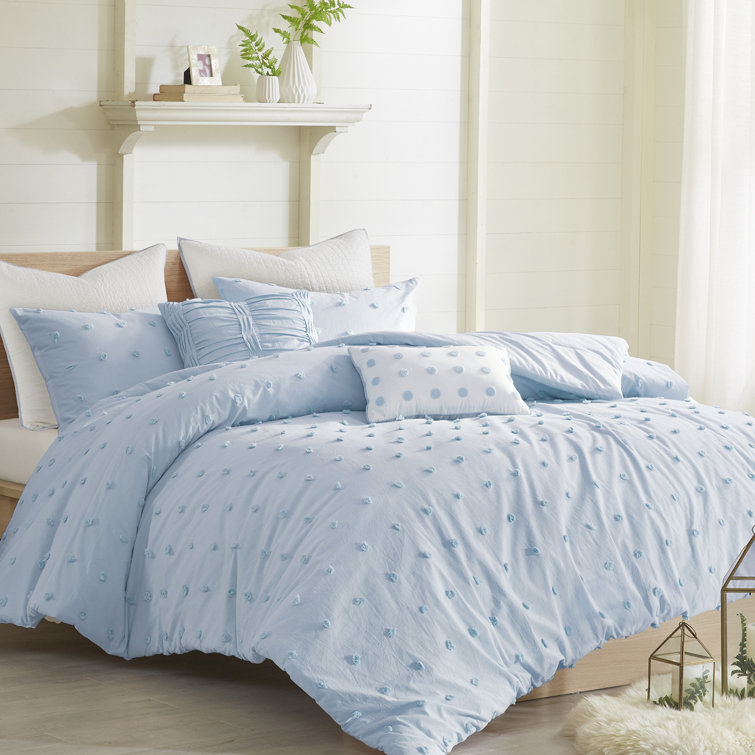 Ivory Cotton Jacquard King Comforter Set with Pom Pom Pillows