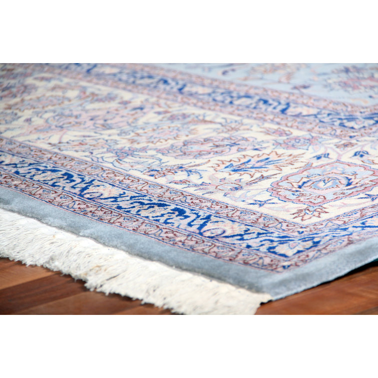 Hand-Knotted Blue and Ivory Wool Floral Area Rug