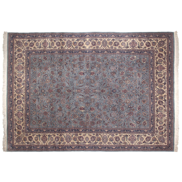 Hand-Knotted Blue and Ivory Wool Floral Area Rug