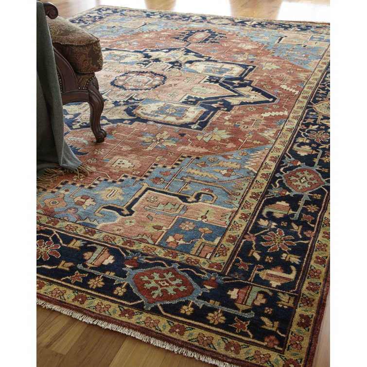 Antique Weave Serapi Hand-Knotted Wool Rug in Blue and Rust