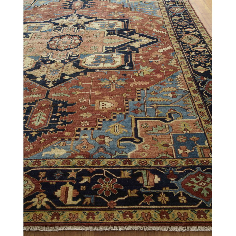 Antique Weave Serapi Hand-Knotted Wool Rug in Blue and Rust