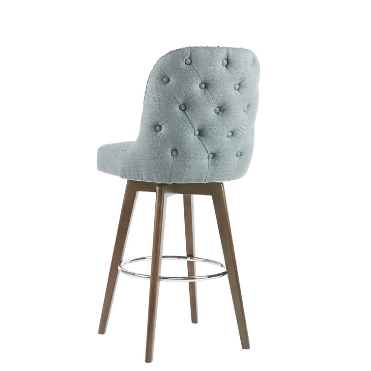 Elegant Blue Swivel Counter Stool with Walnut Wood Finish