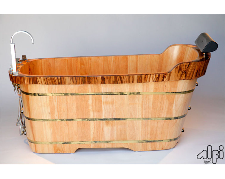 Natural Wood Freestanding Soaking Bathtub with Chrome Faucet