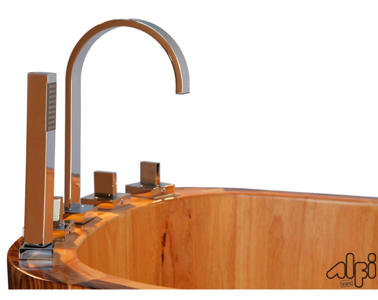 Natural Wood Freestanding Soaking Bathtub with Chrome Faucet