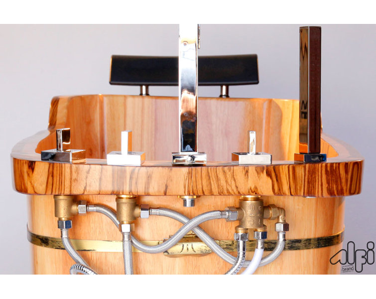 Natural Wood Freestanding Soaking Bathtub with Chrome Faucet