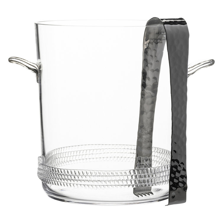 Clear Glass Ice Bucket with Embossed Detailing and Tongs