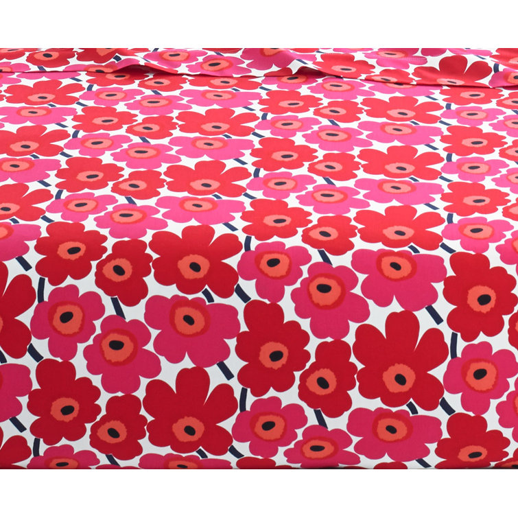 Marimekko Red Floral Cotton Percale Full Sheet Set