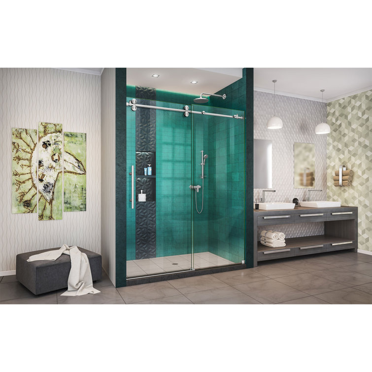 Enigma-XO 55" W x 62" H Single Sliding Frameless Shower Door with Clear Max Technology