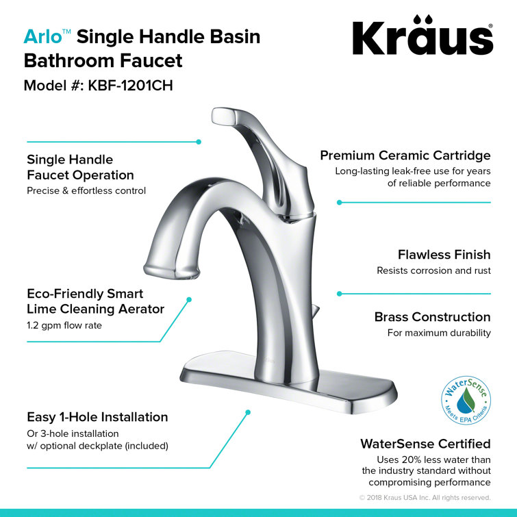 Arlo Chrome Single Handle Brass Bathroom Faucet with Lift Rod Drain