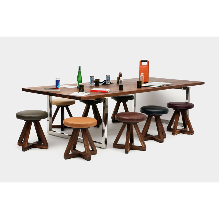 Swivel Saddle-Style Backless Stool in Black Leather and Walnut