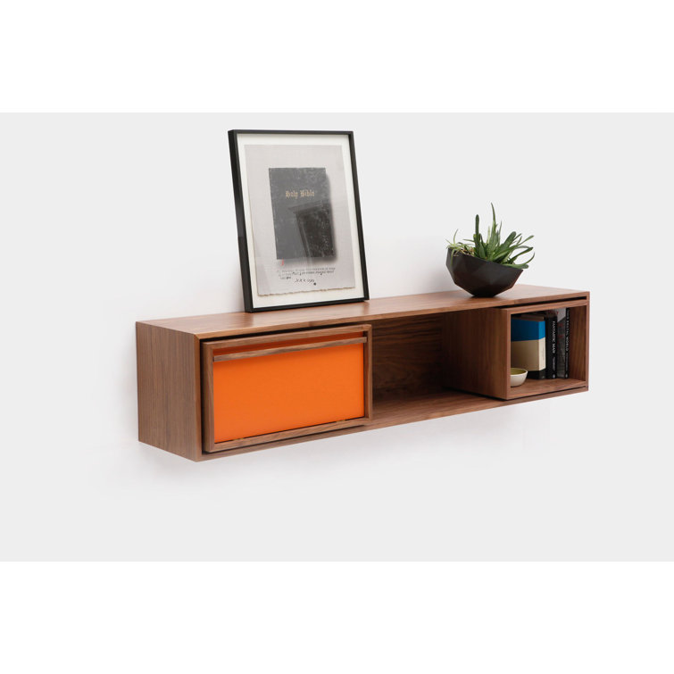 Walnut and Orange Low Console Table with Storage