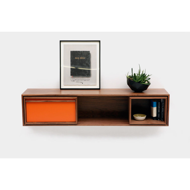 Walnut and Orange Low Console Table with Storage